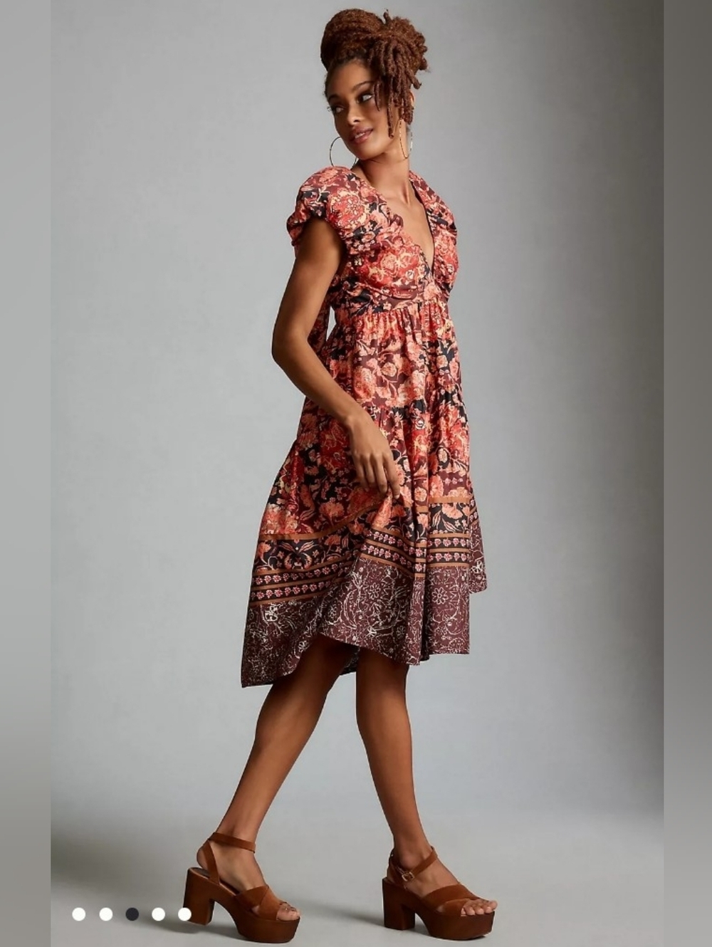 Rust Floral V‑Neck Tiered Midi Dress - Picture 3 of 6